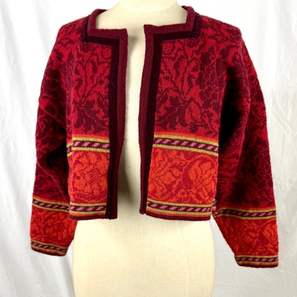 Oleana Norwegian Story Sweater M/L Red Orange Floral Wool Cropped Cardigan - Picture 10 of 13